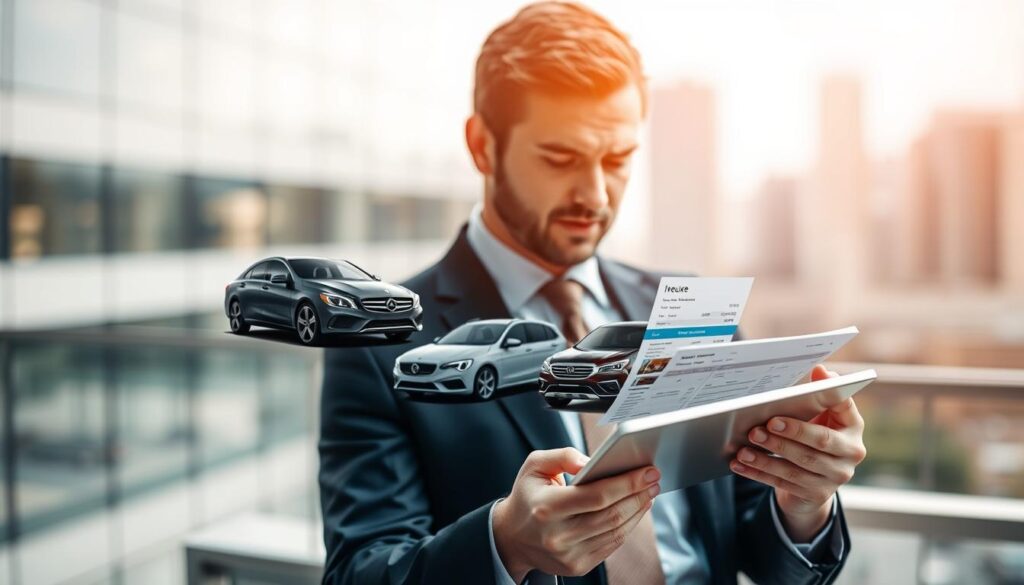 A visually striking and informative composition illustrating the concept of "automotive insurance valuation," featuring a split design. In the foreground, a professional businessperson dressed in formal attire, closely examining two detailed insurance quotes on a sleek digital tablet. The middle ground presents contrasting images of two vehicles, symbolizing different insurance evaluations—one representing a low-cost insurance quote, the other a premium option. In the background, a blurred cityscape suggests a modern urban environment, hinting at the context of vehicle ownership. Soft, natural lighting enhances the professional atmosphere, with a shallow depth of field focusing on the insurance quotes and the businessperson. The overall mood should convey a sense of trust, clarity, and professionalism in the automotive insurance domain.