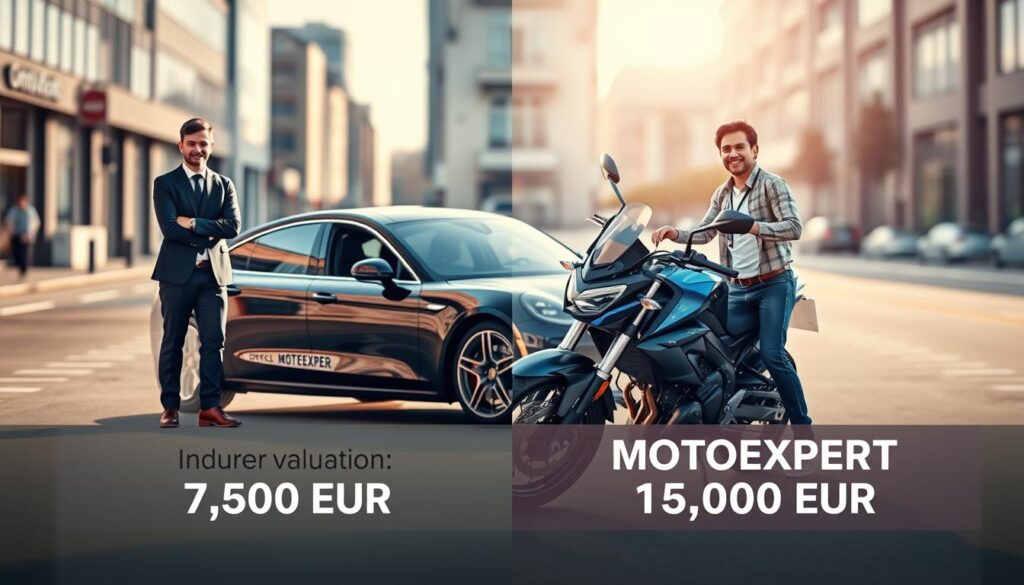 A visually striking image comparing two car insurance valuations, showcasing a split-screen design. On the left, depict a confident insurance agent in professional attire standing next to a sleek car, labeled "Insurer Valuation: 7,500 EUR". On the right, illustrate a knowledgeable MOTOEXPERT representative in modest casual wear beside a shiny motorcycle, labeled "MOTOEXPERT Valuation: 15,000 EUR". In the background, create a blurred cityscape to express a modern urban setting, with soft daylight streaming in, adding warmth to the scene. Use a slight low-angle perspective to emphasize the subjects and their vehicles, enhancing a sense of professionalism and trust in both valuations. The overall mood should be informative and analytical, inviting the viewer to explore the differences in value. A visually striking image comparing two car insurance valuations, showcasing a split-screen design. On the left, depict a confident insurance agent in professional attire standing next to a sleek car, labeled "Insurer Valuation: 7,500 EUR". On the right, illustrate a knowledgeable MOTOEXPERT representative in modest casual wear beside a shiny motorcycle, labeled "MOTOEXPERT Valuation: 15,000 EUR". In the background, create a blurred cityscape to express a modern urban setting, with soft daylight streaming in, adding warmth to the scene. Use a slight low-angle perspective to emphasize the subjects and their vehicles, enhancing a sense of professionalism and trust in both valuations. The overall mood should be informative and analytical, inviting the viewer to explore the differences in value.