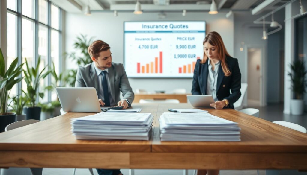 In a modern office setting, two professional individuals, a male and a female, are engaged in a focused discussion over a large wooden table stacked with documents labeled "Insurance Quotes". The foreground showcases the two individuals in business attire, using a laptop and calculators, with charts displaying the contrasting prices of 4,700 EUR and 9,900 EUR projected on a screen behind them. The middle ground features a blurred background of a sleek office environment, filled with plants and natural light streaming through large windows. Use a soft, warm lighting setup to create an inviting atmosphere, capturing the importance of price comparison. The angle should be slightly above eye level, enhancing the sense of professionalism and importance of the discussion.