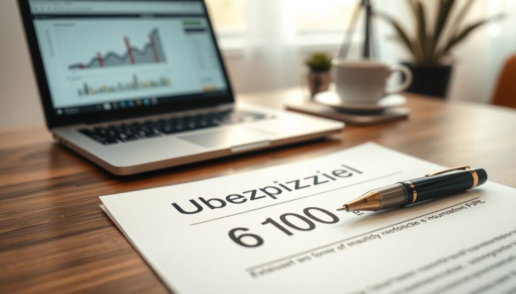 A close-up image of a modern insurance document titled "Ubezpieczyciel 6 100 EUR" placed prominently on a well-organized wooden desk. In the foreground, a fountain pen lies beside the document, suggesting a professional context. The middle ground features a sleek laptop displaying a financial analysis, with a blurred calculator and a cup of coffee adding warmth to the scene. In the background, soft natural light filters through a nearby window, creating a calm and focused atmosphere. The overall mood conveys professionalism and trust, with earthy tones contrasted by the bright white of the document. The composition captures the essence of evaluating insurance offers without any text or branding elements. A close-up image of a modern insurance document titled "Ubezpieczyciel 6 100 EUR" placed prominently on a well-organized wooden desk. In the foreground, a fountain pen lies beside the document, suggesting a professional context. The middle ground features a sleek laptop displaying a financial analysis, with a blurred calculator and a cup of coffee adding warmth to the scene. In the background, soft natural light filters through a nearby window, creating a calm and focused atmosphere. The overall mood conveys professionalism and trust, with earthy tones contrasted by the bright white of the document. The composition captures the essence of evaluating insurance offers without any text or branding elements.