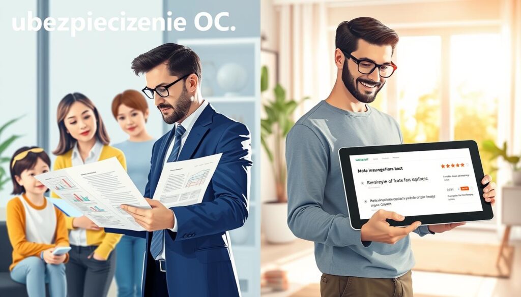 A conceptual illustration representing "ubezpieczenie OC", featuring a split-screen design. On the left, a professional agent, dressed in a business suit, is discussing auto insurance policies with a family, showcasing documents with clear, professional charts and graphs. The family appears engaged and thoughtful. On the right, contrasting the previous scene, a satisfied customer holds a tablet displaying positive reviews about MOTOEXPERT, surrounded by a bright, inviting living room. The background features a sunny, outdoor view, symbolizing security and peace of mind. Soft, natural lighting enhances the atmosphere, suggesting trust and reliability in the insurance industry. The composition should convey the importance of client opinions on their insurance experiences, emphasizing professionalism and satisfaction. A conceptual illustration representing "ubezpieczenie OC", featuring a split-screen design. On the left, a professional agent, dressed in a business suit, is discussing auto insurance policies with a family, showcasing documents with clear, professional charts and graphs. The family appears engaged and thoughtful. On the right, contrasting the previous scene, a satisfied customer holds a tablet displaying positive reviews about MOTOEXPERT, surrounded by a bright, inviting living room. The background features a sunny, outdoor view, symbolizing security and peace of mind. Soft, natural lighting enhances the atmosphere, suggesting trust and reliability in the insurance industry. The composition should convey the importance of client opinions on their insurance experiences, emphasizing professionalism and satisfaction.