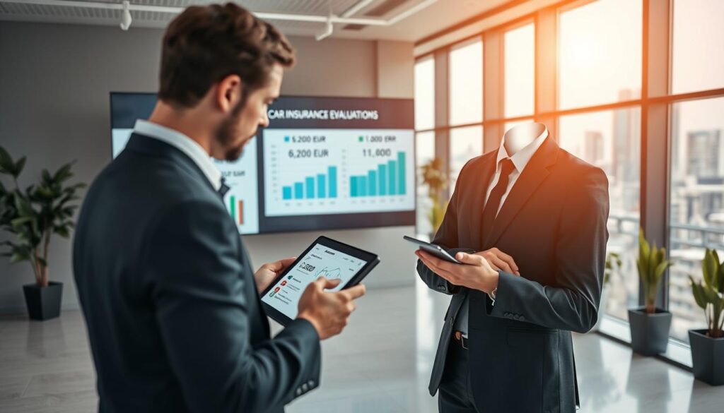 A contemporary office environment showcasing car insurance evaluations. In the foreground, a professional businessperson in smart attire examines a digital tablet displaying comparative figures, with a focused expression. The middle ground features a large screen displaying charts and graphs, illustrating the differences between two insurance valuations: 6,200 EUR and 11,400 EUR. The background shows a sleek office with large windows letting in natural light, plants for a fresh touch, and a modern city skyline. The scene captures a business atmosphere, emanating professionalism and analytical depth, with soft, even lighting to enhance clarity and focus on the evaluation process.