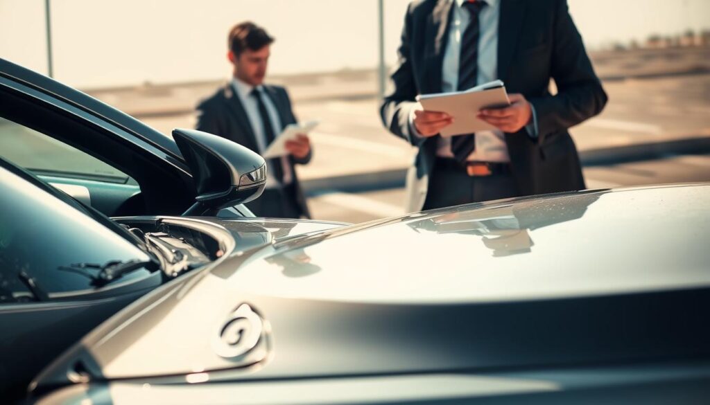 A detailed and professional depiction of factors influencing vehicle damage valuation. In the foreground, a sleek, modern car is shown with visible damage, such as dents and scratches, highlighting the extent of the loss. The middle ground features a well-dressed appraiser analyzing the car with clipboard in hand, wearing professional attire and focused on assessing the damage. The background includes a clear, sunny day with a blurred parking lot, signifying a real-world environment. Warm, natural lighting casts soft shadows, creating a clean and professional atmosphere. The image conveys a serious tone, emphasizing the importance of accurate damage assessment with a focus on professionalism and diligence.