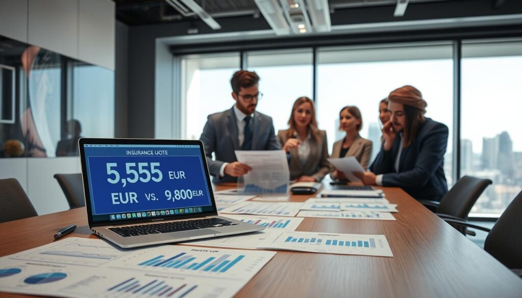 A detailed and professional office setting featuring a modern conference table filled with comparison charts and graphs analyzing insurance quotes. In the foreground, a laptop displays two contrasting figures: 5,555 EUR vs. 9,800 EUR, highlighting the differences in insurance quotes. The middle ground showcases a diverse group of three professionals in business attire, deeply engaged in discussion, with one person pointing at the graphs. In the background, a large window reveals a bright city skyline, with soft, natural lighting illuminating the room. The atmosphere is serious yet focused, embodying analytical thinking and decision-making processes. The image should evoke a sense of professionalism and clarity, with no text or other distractions.