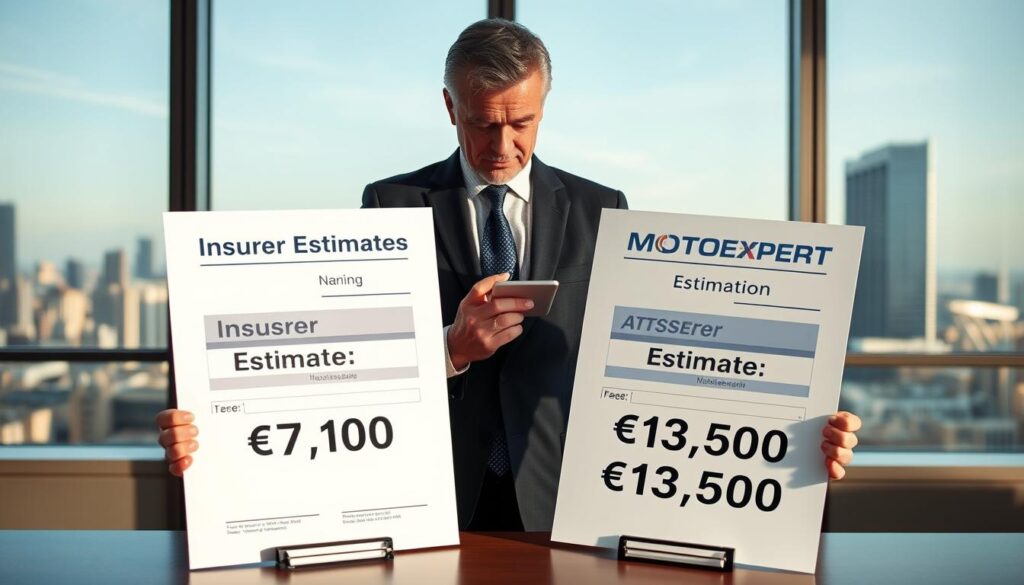 A detailed comparison of two insurance estimates presented visually. In the foreground, two large documents side by side; one labeled "Insurer Estimate: €7,100" and the other "MOTOEXPERT Estimate: €13,500," both with distinct designs symbolizing professionalism. In the middle ground, a well-dressed business professional, a middle-aged man, analyzes the documents with a thoughtful expression. Behind him, a modern office setting with large windows allowing natural light to flood the room, casting soft shadows. The city skyline is visible through the windows, enhancing the professional atmosphere. The color scheme is balanced, utilizing blues and grays to convey seriousness and reliability, creating a clear focus on the key differences in the insurance valuations without any distractions. A detailed comparison of two insurance estimates presented visually. In the foreground, two large documents side by side; one labeled "Insurer Estimate: €7,100" and the other "MOTOEXPERT Estimate: €13,500," both with distinct designs symbolizing professionalism. In the middle ground, a well-dressed business professional, a middle-aged man, analyzes the documents with a thoughtful expression. Behind him, a modern office setting with large windows allowing natural light to flood the room, casting soft shadows. The city skyline is visible through the windows, enhancing the professional atmosphere. The color scheme is balanced, utilizing blues and grays to convey seriousness and reliability, creating a clear focus on the key differences in the insurance valuations without any distractions.