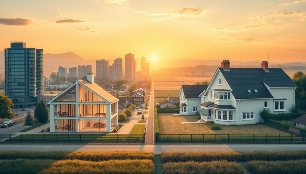 A detailed illustration of the influence of location on property valuation. In the foreground, display a split scene featuring two contrasting properties: one appearing in a bustling urban setting with modern architecture, reflecting a higher valuation, and the other in a serene rural landscape, showcasing classic houses with lower valuation. The middle ground should include elements like a commercial district with skyscrapers on one side and open fields on the other, highlighting the stark differences in locality. In the background, use soft, natural lighting to enhance the mood, with a warm sunset casting a golden hue over the scene, symbolizing opportunity and value. Capture this from a slightly elevated angle to provide a comprehensive overview of the contrasting valuations.