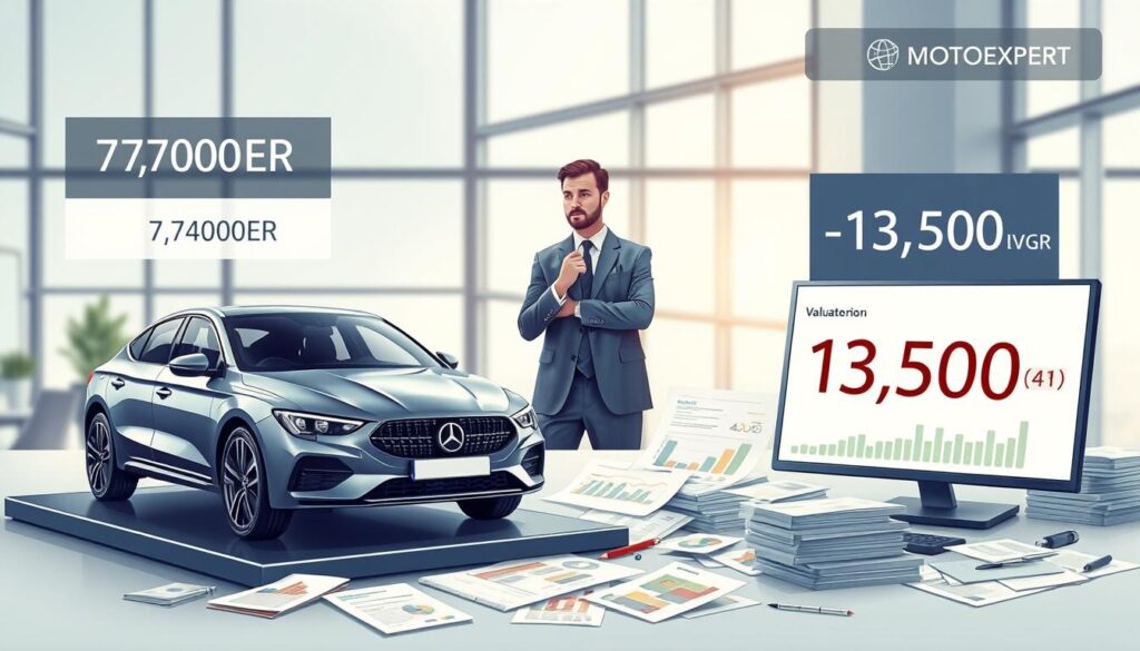 A detailed illustration showcasing the concept of vehicle valuation, highlighting two contrasting examples: a low valuation of 7,100 EUR by an insurer and a higher valuation of 13,500 EUR by MOTOEXPERT. In the foreground, place a sleek, modern vehicle on a raised platform to symbolize the subject of valuation, surrounded by a variety of paperwork, charts, and digital screens displaying valuation data. In the middle ground, show a professional businessperson in smart attire evaluating the documents with a thoughtful expression, emphasizing the analysis process. The background should feature a clean, contemporary office setting with soft, natural lighting coming from large windows, creating an atmosphere of professionalism and clarity. Aim for a balanced composition that effectively conveys the theme of vehicle valuation comparisons. A detailed illustration showcasing the concept of vehicle valuation, highlighting two contrasting examples: a low valuation of 7,100 EUR by an insurer and a higher valuation of 13,500 EUR by MOTOEXPERT. In the foreground, place a sleek, modern vehicle on a raised platform to symbolize the subject of valuation, surrounded by a variety of paperwork, charts, and digital screens displaying valuation data. In the middle ground, show a professional businessperson in smart attire evaluating the documents with a thoughtful expression, emphasizing the analysis process. The background should feature a clean, contemporary office setting with soft, natural lighting coming from large windows, creating an atmosphere of professionalism and clarity. Aim for a balanced composition that effectively conveys the theme of vehicle valuation comparisons.