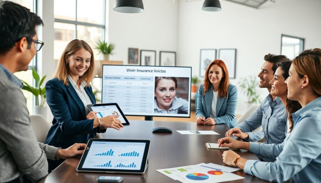 A diverse group of professionals engaged in a discussion around a modern conference table, reviewing charts and graphs depicting insurance quotes. In the foreground, a confident woman in business attire is pointing at a digital tablet displaying customer opinions and ratings. Several colleagues, dressed in smart casual wear, are listening attentively, with expressions of curiosity and interest. The middle ground features a large screen showing a side-by-side comparison of insurance quotes, while the background contains modern office decor, such as plants and artworks. Bright, natural light streams in from large windows, creating an optimistic and collaborative atmosphere that suggests teamwork and shared experiences. The overall mood is professional and analytical, focused on user experience and feedback.