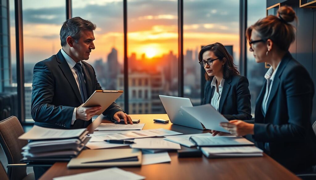 A dynamic scene depicting a professional debate between an insurance agent and an appraiser, both of whom are wearing business attire. In the foreground, the insurance agent, a middle-aged man with short hair, is holding a clipboard and looking assertively at the appraiser. The appraiser, a woman in her early 30s with glasses and a laptop, is analyzing data and responding thoughtfully. In the middle ground, there’s a table cluttered with documents and valuation reports. The background shows a modern office with a large window revealing a cityscape during sunset, casting warm, golden light into the room, creating a tense yet professional atmosphere. Use a focus lens to capture facial expressions and body language, highlighting the contrast in their perspectives on insurance valuation.
