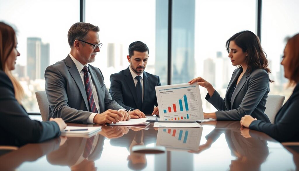 A modern office setting, featuring a large, elegant conference table in the foreground, surrounded by business professionals in formal attire discussing insurance options. In the middle, two individuals are reviewing documents—the first person, a middle-aged man with glasses analyzing the numbers, and the second, a determined young woman pointing at a chart that shows the comparison between two insurance offers. The background shows a large window with cityscape views and natural light flooding the room, creating a bright, professional atmosphere. Use a warm color palette to evoke a sense of trust and reliability. The perspective is slightly elevated, capturing the intensity of their discussion and the importance of making the right choice in insurance.