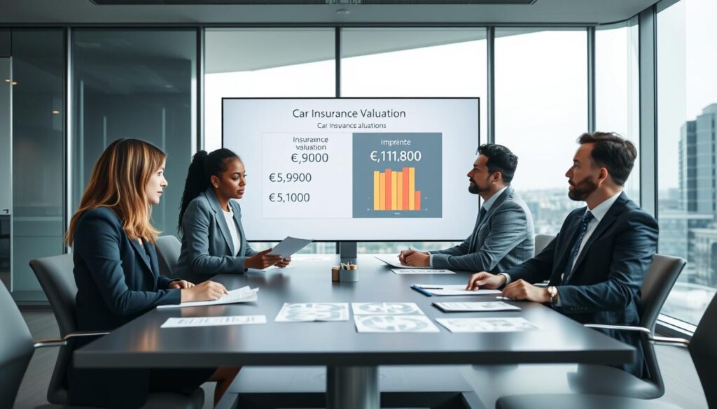 A modern office setting with a sleek conference table in the foreground, featuring a professional group of diverse individuals in business attire engaged in a discussion. They are analyzing documents and charts related to car insurance valuation. In the middle ground, a large digital screen displays a comparison of insurance valuations, with clear visuals highlighting the disparity between €5,900 and €11,800. The background consists of large windows with natural light streaming in, showcasing a cityscape. The atmosphere is serious yet collaborative, aiming to convey the importance of accurate insurance valuation in the decision-making process. Soft, diffused lighting enhances the professionalism of the scene.