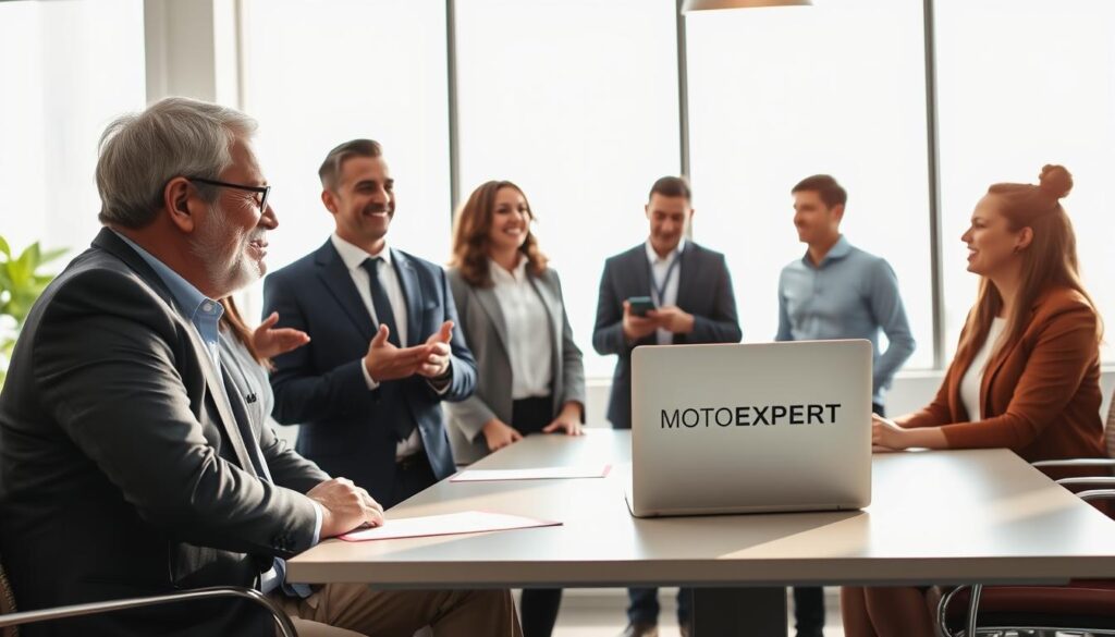 A modern, professional office setting showcasing a diverse group of customers discussing their experiences with MOTOEXPERT. In the foreground, an engaged middle-aged man and a young woman, both in smart business attire, are animatedly sharing their positive feedback. The middle ground features a sleek conference table with documents and a laptop displaying the MOTOEXPERT logo, while a large, bright window in the background lets natural light flood the room, creating a warm and inviting atmosphere. Soft shadows are cast across the space, adding depth. The overall mood is one of collaboration and trust, emphasizing satisfied clients discussing their experiences. The image captures enthusiasm and professionalism without any text or branding elements.