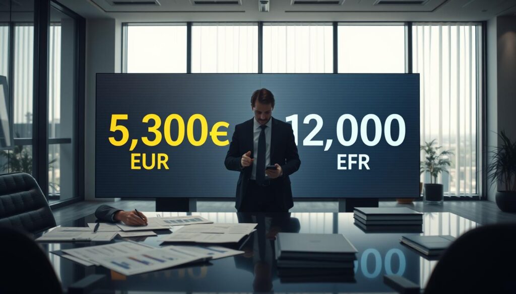 A professional and analytical scene depicting the concept of insurance valuation comparison. In the foreground, a business executive in professional attire, analyzing financial documents on a sleek desk, with charts and paperwork spread out. In the middle ground, a large digital screen displays contrasting data visuals: one side shows "5,300 EUR" in bold, stately font, while the other side features "12,000 EUR" in a sharp, modern typeface, clearly illustrating the difference. The background features a sophisticated office environment with large windows allowing soft, natural light to fill the room, casting subtle shadows. The overall mood is serious and contemplative, evoking the importance of accurate valuations and the critical analysis involved in insurance assessments.