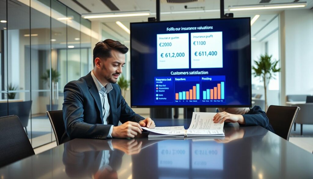 A professional and modern office environment where two well-dressed individuals are engaged in a discussion about insurance valuations. In the foreground, a man in a sharp suit and a woman in a smart blazer sit at a sleek conference table, examining documents that show different insurance quotes. Their facial expressions reflect curiosity and contemplation. In the middle ground, a large digital screen displays a comparison of the two insurance valuations: €6,200 vs. €11,400, with graphs illustrating customer satisfaction ratings. The background features a bright, well-lit office with glass walls and contemporary furnishings. Use soft, natural lighting to create an inviting atmosphere, with a slight focus on the facial expressions of the individuals, capturing the essence of customer opinions on pricing.