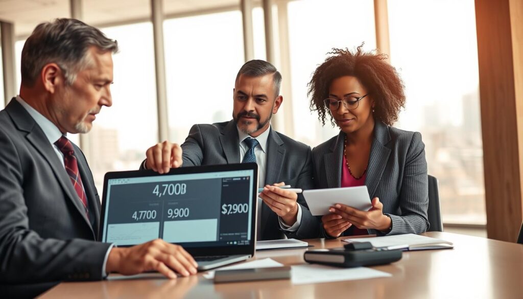 A professional and reflective business meeting featuring two diverse groups of individuals discussing insurance valuations. In the foreground, a middle-aged Caucasian man in a smart suit points at a laptop displaying contrasting figures, while a middle-aged Black woman in professional attire takes notes. In the middle ground, a conference table with documents and a calculator concerns estimates of 4,700 EUR and 9,900 EUR. The background features a bright, modern office with large windows allowing natural light to flood the room, creating a warm atmosphere. The scene captures a sense of collaboration and analysis, with a slightly blurred view of a city skyline outside the windows, emphasizing a professional business environment.