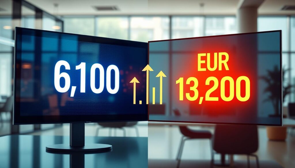 A professional and visually striking comparison image illustrating two insurance valuations, featuring a split-screen design. On the left side, depict a sleek digital display showing "EUR 6,100" with a strong emphasis on clarity and professionalism, using cool blue tones and modern typography. On the right side, contrast this with a bold display revealing "EUR 13,200" in warm orange hues, exuding a sense of opportunity and value. Between them, include subtle graphical elements like upward-pointing arrows and currency symbols to indicate growth and financial analysis. The background should be a softly blurred office environment with natural lighting filtering through large windows, creating an ambiance of professionalism. The overall mood should be analytical yet optimistic, suitable for a business context.