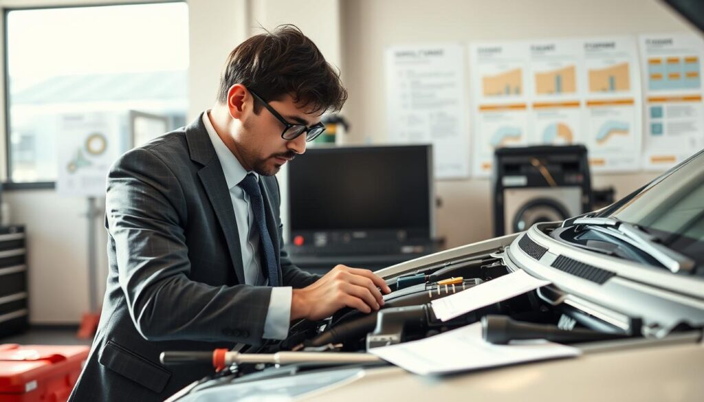 A professional appraiser, dressed in a smart business suit, carefully examining a car's engine in a well-lit garage, with various tools and paperwork spread out on a workbench beside him. The appraiser has a focused expression, showcasing his expertise and attention to detail. In the background, there are charts and diagrams of vehicle evaluation processes on the wall, representing the analytical nature of his work. The lighting is bright and natural, streaming through a window, creating an atmosphere of professionalism and diligence. The scene is framed from a slightly low angle, emphasizing the appraiser’s authority and importance in assessing vehicle value, creating an engaging and informative visual representation for the section.