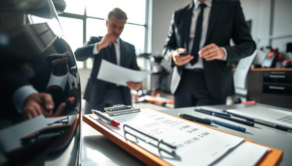 A professional appraiser, dressed in formal business attire, intently examining a vehicle's bodywork and documentation. In the foreground, a clipboard with financial figures is visible, emphasizing the appraisal process. The middle background features a sleek, modern office space with a large desk and various automotive tools scattered, showcasing expertise in vehicle valuation. Bright, natural light filters through a window, illuminating the scene and casting soft shadows. The atmosphere is one of precision and focus, conveying the seriousness of evaluating a vehicle's worth. The lens captures the scene from a slightly elevated angle, focusing on the appraiser's hands and the clipboard, creating an engaging composition that reflects professionalism and attention to detail.