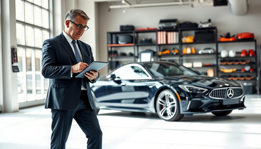 A professional automotive appraiser, depicted as a middle-aged male in a tailored navy suit with a crisp white shirt and a subtle patterned tie, stands confidently in an office environment, analyzing a vehicle's details on a tablet. The foreground features a sleek, modern car with a shiny finish, prominently displayed on a clean white backdrop. In the middle, a contemporary office setup is shown with bright natural lighting filtering through large windows, casting soft shadows, and a backdrop that includes shelves filled with automotive tools and books on valuation. The atmosphere is focused and serious, highlighting trust and expertise. The angle is slightly from the side to capture both the professional's engagement with the data and the elegance of the car, emphasizing the quality of the MOTOEXPERT valuation process.