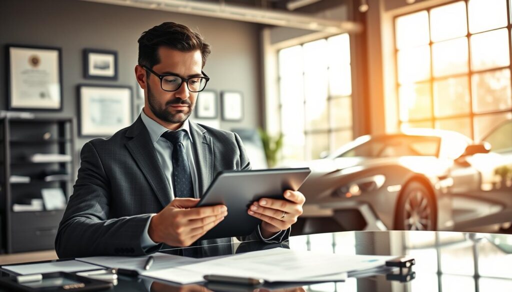 A professional automotive expert, depicted as a meticulous forensic appraiser, stands focused at a sleek work desk filled with automotive documents and premium car parts. The foreground features him wearing a tailored suit, glasses on, examining a digital tablet that displays detailed vehicle assessments. In the middle ground, a luxury car is partially visible, showcasing its polished exterior under bright, natural lighting, highlighting its intricate features. The background contains a modern office setting with framed certificates on the walls and large windows allowing sunlight to illuminate the scene, creating a warm and professional atmosphere. The focus is sharp on the expert while maintaining a slight blur in the background, evoking a sense of concentration and authority in the field of vehicle valuation.