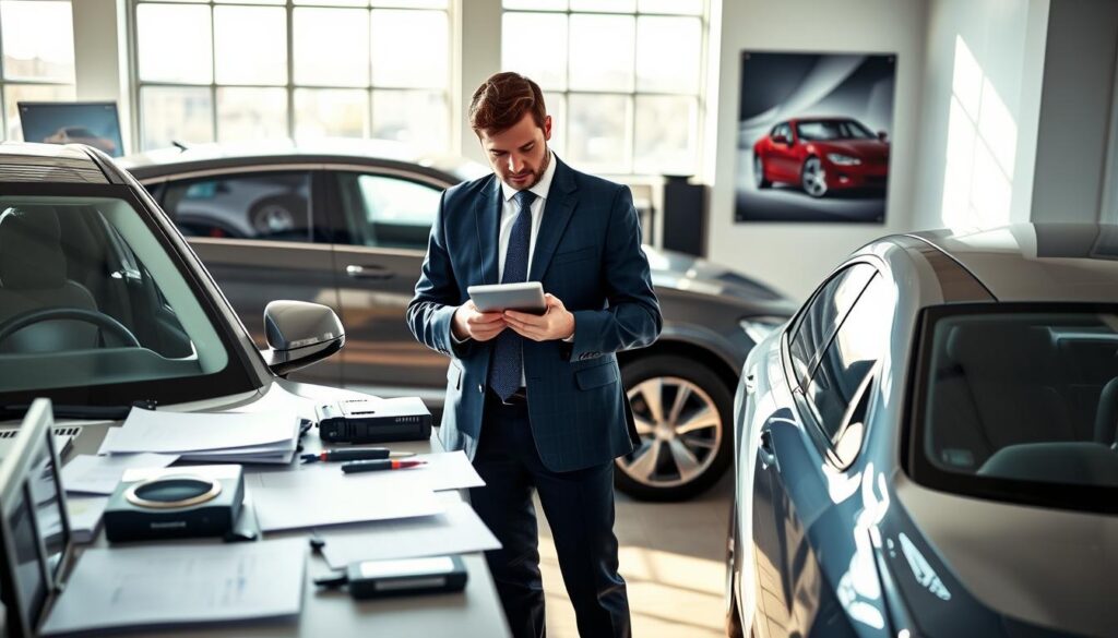A professional automotive expert, dressed in a smart business suit, stands confidently beside a sleek car in an office setting designed for vehicle assessment. In the foreground, capture the expert examining details of the car, using a tablet to analyze data, with a focused expression. The middle ground features a modern office desk cluttered with technical documents and tools related to vehicle valuation, while an automotive poster hangs on the wall behind. The background showcases large windows with natural light streaming in, illuminating the scene and creating a bright, airy atmosphere. Use a slightly elevated angle for a comprehensive perspective, ensuring the essence of professionalism and expertise in vehicle assessment is conveyed. A professional automotive expert, dressed in a smart business suit, stands confidently beside a sleek car in an office setting designed for vehicle assessment. In the foreground, capture the expert examining details of the car, using a tablet to analyze data, with a focused expression. The middle ground features a modern office desk cluttered with technical documents and tools related to vehicle valuation, while an automotive poster hangs on the wall behind. The background showcases large windows with natural light streaming in, illuminating the scene and creating a bright, airy atmosphere. Use a slightly elevated angle for a comprehensive perspective, ensuring the essence of professionalism and expertise in vehicle assessment is conveyed.