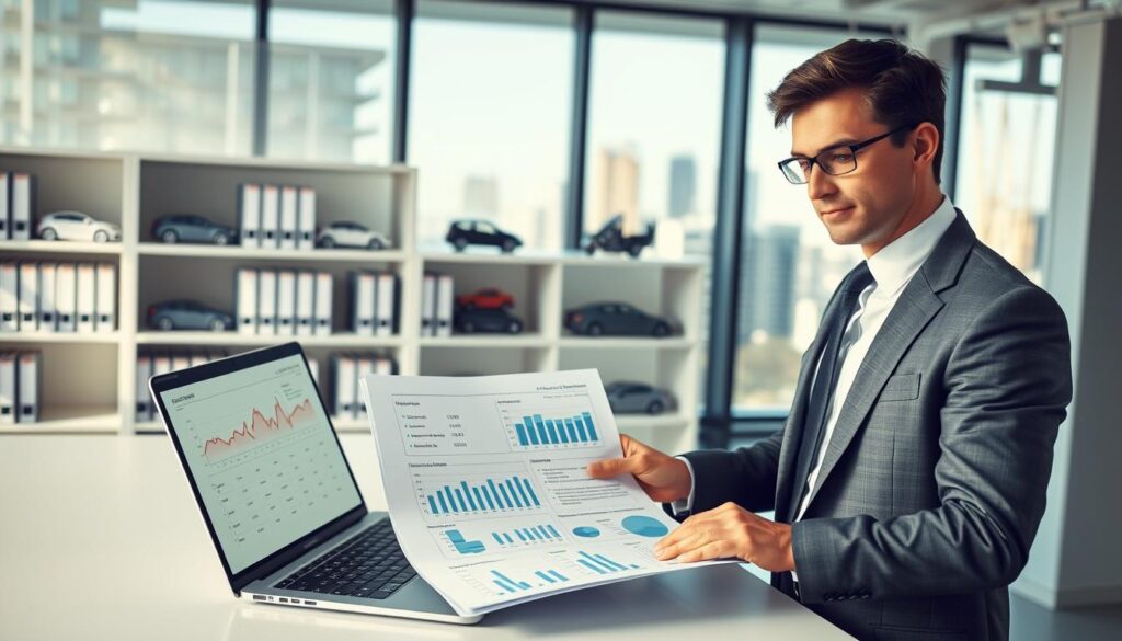 A professional automotive expert, dressed in a smart business suit, stands confidently in a well-lit office environment, examining a detailed car valuation report on a large desk. The foreground features the expert engaged in analysis, with a laptop displaying graphs and numerical data about vehicle assessments. In the middle, shelves filled with automotive reference books and a few vehicle models enhance the scene. The background shows a large window with natural light streaming in, showcasing a cityscape. The atmosphere is serious and focused, conveying the importance of choosing the right automotive expert, symbolizing excellence and expertise in vehicle valuation. The overall lighting is bright and clear, suggesting a productive and professional environment.
