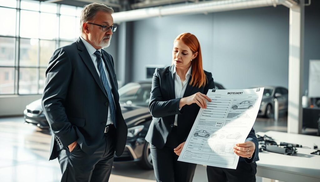 A professional automotive expert known as "MOTOEXPERT" standing in an office environment, engaging in a discussion with a client. In the foreground, the expert, a middle-aged man wearing a smart business suit and glasses, is pointing at a detailed vehicle damage report. The client, a woman in professional attire, looks attentively at the document. The middle ground features a modern desk with various vehicle models and assessment tools. In the background, there’s a large window allowing natural light to pour in, illuminating the scene. The atmosphere is focused and informative, conveying a sense of professionalism and trust. Natural lighting creates soft shadows, enhancing the clarity of the report and expressions on their faces. The image should be crisp and well-composed to emphasize the expertise offered by MOTOEXPERT.