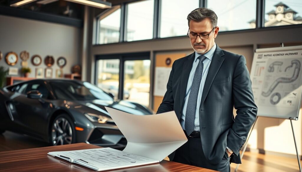 A professional automotive expert, known as "rzeczoznawca MOTOEXPERT," stands confidently in a modern office environment. In the foreground, the expert, a middle-aged man in a tailored business suit, examines a detailed car appraisal report on his desk, while a sleek car is visible in the background, suggesting a focus on vehicle valuation. Warm, natural lighting filters through large windows, creating a bright and inviting atmosphere. The office is adorned with automotive awards and a large whiteboard filled with technical diagrams. The mood is serious yet approachable, reflecting trust and expertise in the realm of vehicle appraisal. The composition is balanced, with the expert as the focal point, ensuring clarity and professionalism throughout the scene.