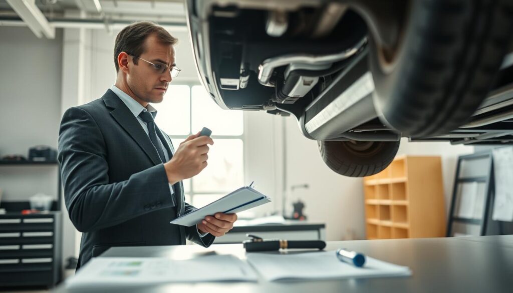 A professional automotive expert, or "rzeczoznawca samochodowy," inspecting a car in a well-lit, modern workshop. In the foreground, the expert, wearing a tailored suit, examines the vehicle's undercarriage using a flashlight and a notepad, showing meticulous attention to detail. In the middle ground, a clean, organized workbench displays diagnostic tools and data sheets. The background features a large window allowing natural light to pour in, illuminating the workspace. The mood is serious and focused, highlighting the importance of accurate vehicle evaluation. The image should evoke professionalism and expertise, captured with a high-quality lens to ensure clarity and depth.
