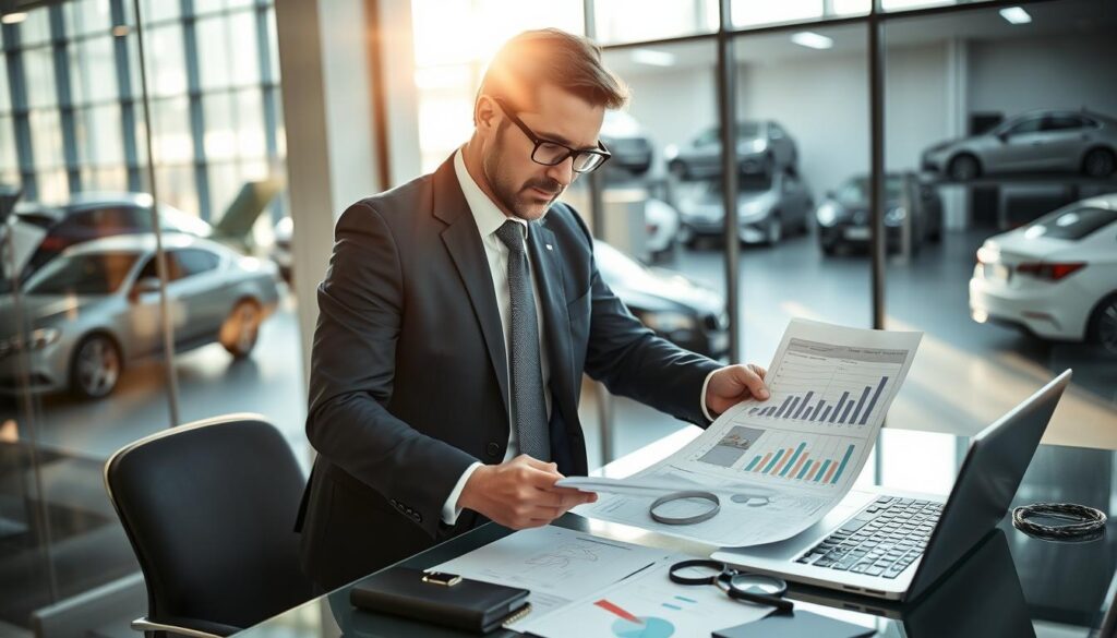 A professional automotive expert standing confidently at a desk, meticulously examining a vehicle assessment report. He is dressed in a tailored navy suit, with a subtle tie, and wearing reading glasses. The desk is cluttered with technical tools, magnifying glass, and a laptop displaying graphs. In the background, a sleek modern office with large windows allows natural light to flood in, casting warm highlights across the room. An automotive workshop can be seen through the windows, showcasing cars in various stages of evaluation. The atmosphere is serious and focused, reflecting the critical role of an automotive appraiser in the insurance process. The image captures the tension between precision and professionalism, highlighting the importance of accurate vehicle valuation.