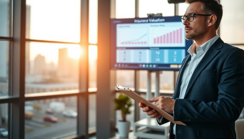 A professional automotive expert standing confidently in a modern office setting. In the foreground, the expert, dressed in a tailored navy suit with a white shirt, is holding a clipboard and analyzing vehicle valuation data. The middle layer features a large digital screen displaying graphs and comparisons of vehicle values, illustrating the differences in insurance valuations. In the background, large windows let in soft, natural light, creating a warm atmosphere with a hint of urban skyline. The mood is analytical and professional, emphasizing the importance of expert analysis in vehicle valuation. The angle is slightly elevated, capturing the expert's focused expression against the backdrop of the bustling city outside.