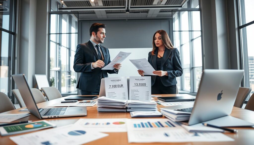A professional business meeting scene illustrating a discussion on vehicle valuations and disputes. In the foreground, two business professionals, one male and one female, are engaged in conversation, each holding documents showing different vehicle valuation figures. The male is in a smart navy suit, while the female is dressed in a stylish blazer. In the middle, a large table is cluttered with laptops, charts, and valuation reports comparing figures, like "7,100 EUR" and "13,500 EUR". The background features a modern office setup with large windows letting in bright, natural light, creating a collaborative and dynamic atmosphere. The camera angle is focused at eye level to capture the intensity of the discussion, providing an engaging perspective on the topic of valuation disputes.