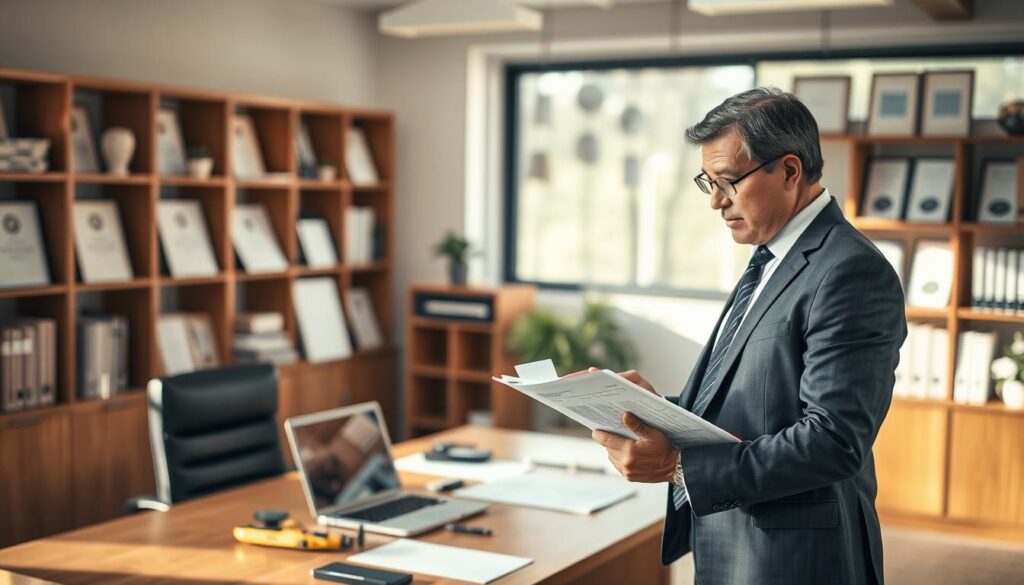 A professional insurance assessor, dressed in smart business attire, stands focused in the foreground, examining a detailed vehicle damage report on a clipboard. The middle ground features an office scene with a large window allowing soft, natural light to pour in, illuminating a polished wooden desk cluttered with appraisal tools like measuring devices and a laptop displaying evaluation software. In the background, shelves filled with industry books and certificates highlight the expertise required for choosing the right assessor. The atmosphere is one of diligence and critical analysis, with a warm color palette to evoke a sense of trust and professionalism. The scene is captured with a shallow depth of field to emphasize the assessor while softly blurring the background details, creating a focused yet inviting ambiance. A professional insurance assessor, dressed in smart business attire, stands focused in the foreground, examining a detailed vehicle damage report on a clipboard. The middle ground features an office scene with a large window allowing soft, natural light to pour in, illuminating a polished wooden desk cluttered with appraisal tools like measuring devices and a laptop displaying evaluation software. In the background, shelves filled with industry books and certificates highlight the expertise required for choosing the right assessor. The atmosphere is one of diligence and critical analysis, with a warm color palette to evoke a sense of trust and professionalism. The scene is captured with a shallow depth of field to emphasize the assessor while softly blurring the background details, creating a focused yet inviting ambiance.