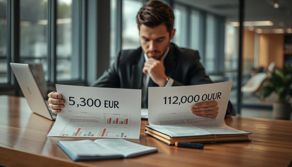 A professional insurance assessor in business attire, carefully analyzing two contrasting insurance valuation documents on a sleek wooden desk. In the foreground, one document shows "5,300 EUR" prominently, while the other displays "12,000 EUR," both highlighted under soft, warm lighting. A thoughtful expression on the assessor's face emphasizes the challenge of these differing valuations. In the middle ground, a laptop displays comparative charts, while a notepad filled with notes is prominently placed beside the documents. The background features a softly blurred office with large windows allowing natural light to enter, creating a focused and professional atmosphere. The overall mood is one of contemplation and diligence in navigating the complexities of insurance assessments.