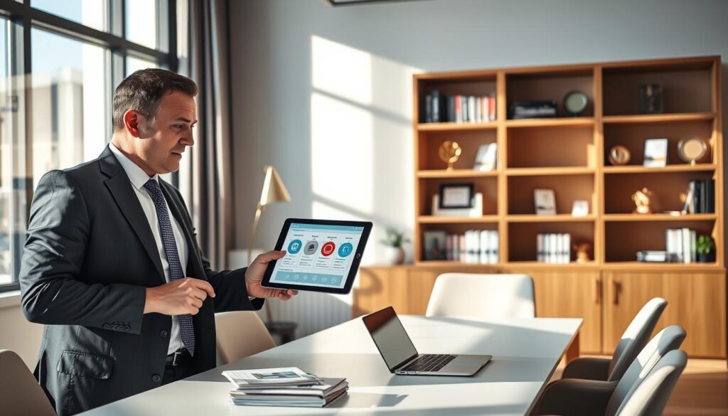 A professional insurance office interior showcasing "ubezpieczenia komunikacyjne," with a sleek and modern design. In the foreground, a confident insurance advisor in a tailored suit is discussing with a client, pointing at a digital tablet displaying auto insurance plans. The middle layer includes a large window letting in soft natural light, casting shadows on a modern conference table with brochures and a laptop. In the background, shelves filled with insurance books and awards create a sense of credibility and expertise. The atmosphere is professional yet welcoming, reflecting the importance of the insurance market in Germany. Use a slightly elevated angle to capture the dynamic interaction, emphasizing the importance of informed decision-making in insurance coverage. A professional insurance office interior showcasing "ubezpieczenia komunikacyjne," with a sleek and modern design. In the foreground, a confident insurance advisor in a tailored suit is discussing with a client, pointing at a digital tablet displaying auto insurance plans. The middle layer includes a large window letting in soft natural light, casting shadows on a modern conference table with brochures and a laptop. In the background, shelves filled with insurance books and awards create a sense of credibility and expertise. The atmosphere is professional yet welcoming, reflecting the importance of the insurance market in Germany. Use a slightly elevated angle to capture the dynamic interaction, emphasizing the importance of informed decision-making in insurance coverage.