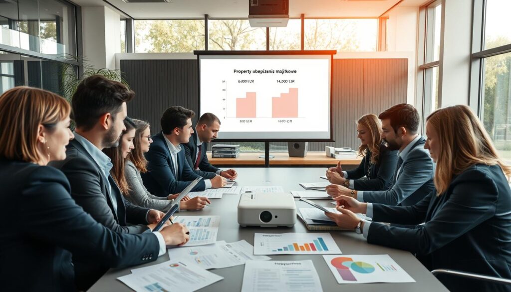 A professional office environment, filled with charts and graphs related to property insurance valuations, specifically about "ubezpieczenia majątkowe." In the foreground, a diverse group of business professionals in smart attire is engaged in a discussion around a large table. They are analyzing documents with visible figures like 6,800 EUR and 14,200 EUR highlighted. In the middle, a projector displays a financial comparison chart on a screen, showcasing these numbers. The background features a modern office with large windows, letting in natural light that creates a bright and optimistic atmosphere. The scene conveys a sense of collaboration and critical analysis, focusing on the contrasting values in property insurance.