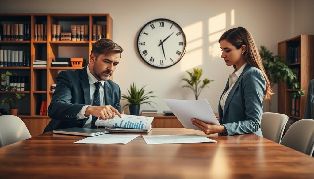 A professional office environment with a large wooden desk in the foreground, where two individuals in business attire, a male and a female, are engaged in a discussion over insurance valuation documents. The male is pointing at a financial chart on a laptop, while the female notes down key points on a notepad. In the middle, a wall clock ticks prominently, symbolizing the passage of time needed for assessment. Background elements include shelves filled with industry books, a potted plant, and a large window letting in warm, natural light that casts soft shadows. The atmosphere is focused and productive, conveying a sense of urgency and professionalism in the valuation process.