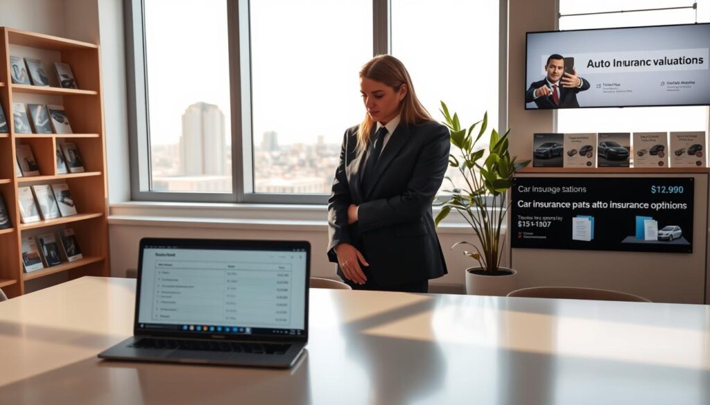 A professional office scene featuring two businesspeople engaged in a discussion about car insurance evaluations. In the foreground, a well-dressed man and woman stand by a modern table with a laptop displaying insurance figures. They are focused and appear thoughtful, emphasizing professionalism. In the middle ground, a window reveals a cityscape, with a bright, clear sky illuminating the space. The lighting is warm, creating an inviting atmosphere, complemented by soft shadows cast by a nearby potted plant. In the background, shelves lined with insurance brochures and a digital display about auto insurance options showcase a blend of technology and client service. The overall mood is serious yet optimistic, focusing on the importance of customer opinions regarding insurance valuations. A professional office scene featuring two businesspeople engaged in a discussion about car insurance evaluations. In the foreground, a well-dressed man and woman stand by a modern table with a laptop displaying insurance figures. They are focused and appear thoughtful, emphasizing professionalism. In the middle ground, a window reveals a cityscape, with a bright, clear sky illuminating the space. The lighting is warm, creating an inviting atmosphere, complemented by soft shadows cast by a nearby potted plant. In the background, shelves lined with insurance brochures and a digital display about auto insurance options showcase a blend of technology and client service. The overall mood is serious yet optimistic, focusing on the importance of customer opinions regarding insurance valuations.
