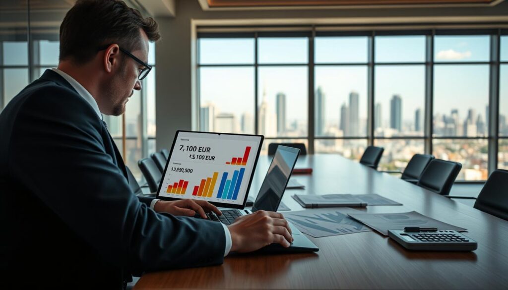 A professional office setting depicting the costs associated with insurance valuations. In the foreground, a well-dressed businessperson analyzes charts and graphs on a laptop, focusing on two amounts: "7,100 EUR" and "13,500 EUR", represented visually through contrasting colorful bar graphs. In the middle ground, an inviting conference table is adorned with financial reports and a calculator, emphasizing the analytical process. In the background, large windows provide natural light, illuminating a city skyline, conveying a sense of transparency and professionalism. The atmosphere is serious yet optimistic, highlighting the importance of accurate valuations in the insurance industry. The image should capture a balanced composition without any text or watermarks, focusing solely on the themes of assessment and financial evaluation. A professional office setting depicting the costs associated with insurance valuations. In the foreground, a well-dressed businessperson analyzes charts and graphs on a laptop, focusing on two amounts: "7,100 EUR" and "13,500 EUR", represented visually through contrasting colorful bar graphs. In the middle ground, an inviting conference table is adorned with financial reports and a calculator, emphasizing the analytical process. In the background, large windows provide natural light, illuminating a city skyline, conveying a sense of transparency and professionalism. The atmosphere is serious yet optimistic, highlighting the importance of accurate valuations in the insurance industry. The image should capture a balanced composition without any text or watermarks, focusing solely on the themes of assessment and financial evaluation.