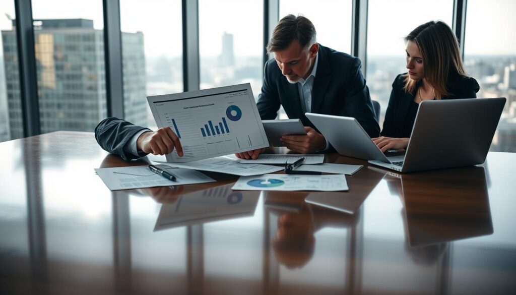 A professional office setting focused on car damage valuation, featuring two expert consultants engaged in a discussion over valuation reports displayed on a sleek wooden table. In the foreground, one consultant, a middle-aged man in a tailored business suit, points at a detailed chart, while the other, a woman in smart attire, takes notes on a digital tablet. The middle ground includes paperwork and a laptop, casting soft reflections on the polished table surface. In the background, a large window reveals a cityscape bathed in natural daylight, creating a serious yet collaborative atmosphere. The image conveys a sense of professionalism and analytical insight, utilizing soft, diffused lighting to enhance the focus on the consultants and their work.