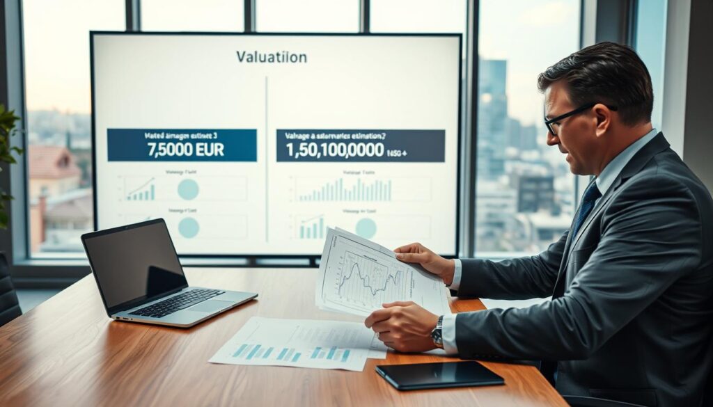 A professional office setting focused on damage valuation. In the foreground, a well-dressed insurance adjuster examining detailed documentation on a sleek wooden desk, including an open laptop displaying graphs and data analysis. The middle ground features a large digital screen showing a comparison of two valuation estimates, one labeled "7,500 EUR" and another "15,000 EUR," with various visual indicators of assessment processes. The background includes a city skyline visible through large windows, allowing soft, ambient natural light to fill the room. The atmosphere is analytical and serious, suggesting a high-stakes financial decision-making environment, with an emphasis on professionalism and accuracy. Use a high-quality lens for clarity and perspective, capturing details effectively.