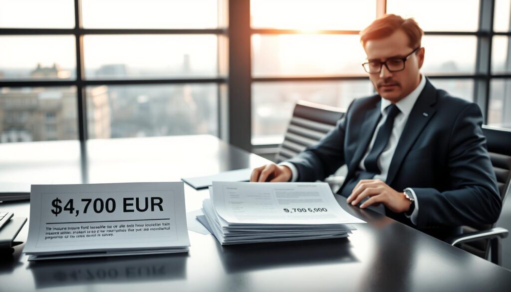 A professional office space featuring a modern desk with financial documents spread out, highlighting two insurance offers: one labeled "4,700 EUR" on the left and the other "9,900 EUR" on the right. In the foreground, a confident financial analyst in a crisp suit is analyzing the documents. The middle ground displays a large window with soft natural light pouring in, illuminating a cityscape background. The atmosphere is analytical and focused, conveying a sense of decision-making and financial evaluation. Utilize a shallow depth of field to emphasize the documents and the analyst, while the background remains slightly blurred. The overall mood is professional and serious, reflecting the importance of making informed recommendations.
