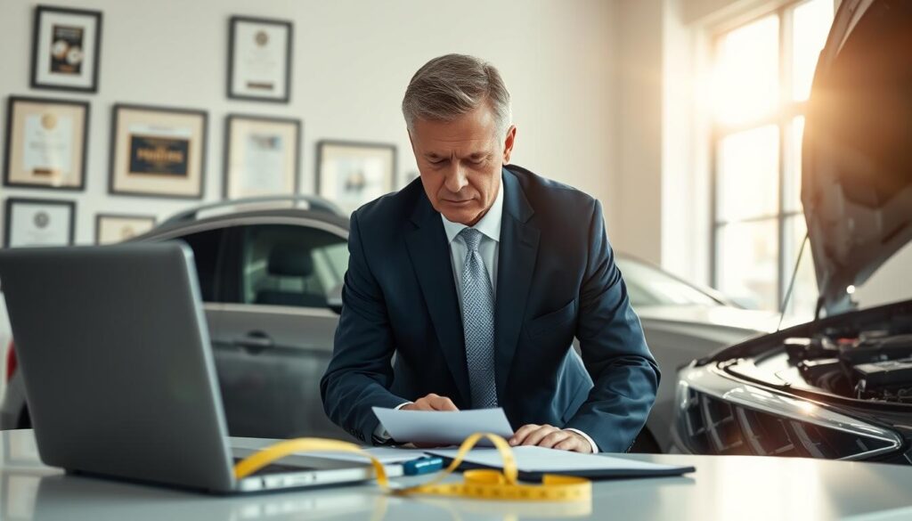 A professional property appraiser, a middle-aged Caucasian man, dressed in a tailored navy suit with a crisp white shirt and a light grey tie, meticulously examining a vehicle in a bright, well-lit office. In the foreground, tools like a laptop, measuring tape, and clipboard are neatly arranged on a desk. The middle ground features the appraiser focused on the car, parked with its hood slightly raised, showcasing detailed angles and features. The background reveals framed certificates and awards on the wall, hinting at his expertise. Soft sunlight filters through a large window, casting a warm glow, creating a serious yet inviting atmosphere, emphasizing professionalism and trustworthiness in his assessment work.