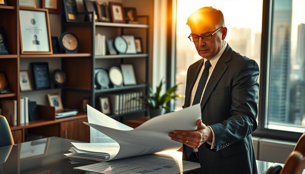 A professional property appraiser, dressed in smart business attire, stands confidently in a well-lit office, examining detailed reports on a sleek desktop. The appraiser, a middle-aged person with short dark hair and glasses, has a focused expression as they analyze the documents. In the background, there are shelves filled with awards and books about valuation, while a large window reveals a city skyline bathed in warm afternoon sunlight. The scene conveys a sense of expertise and trustworthiness, with warm tones enhancing the professional atmosphere. The angle is slightly elevated, capturing the appraiser at work, symbolizing dedication and insight crucial to providing recommendations for compensation. The image should include realistic textures and a sharp focus on the appraiser’s expression.