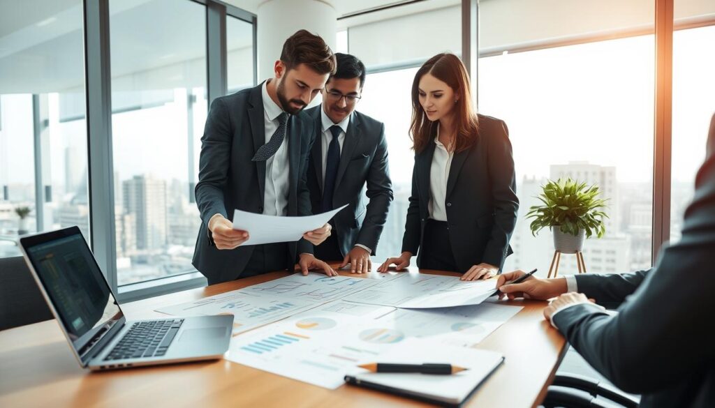 A professional setting depicting a group of businesspeople in a modern office preparing for an insurance valuation. In the foreground, two individuals—one male and one female—are discussing documents over a table filled with charts and valuation models. They are dressed in formal business attire, with focused expressions. In the middle ground, a large window reveals a cityscape backdrop, allowing natural light to illuminate the scene, creating a bright and optimistic atmosphere. To the side, a laptop displays analytical data, while a notepad and pen rest nearby. The overall mood is collaborative and serious, reflecting a key moment in financial decision-making. Use a slightly elevated angle for a clear view of the subjects and their materials, ensuring a clean and professional composition.