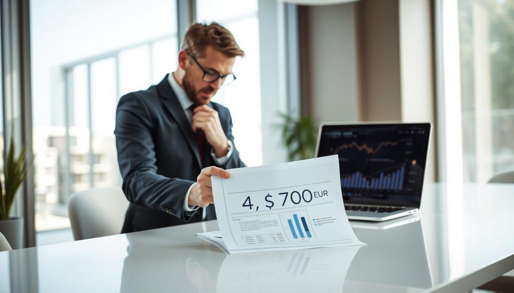 A professional setting depicting an insurance representative reviewing a document labeled “4,700 EUR” on a sleek table in an office environment. The foreground features a well-dressed insurance agent, wearing a tailored suit, thoughtfully examining the paperwork with a focused expression. In the middle ground, a modern laptop displays graphs and data relevant to insurance valuations. The background shows a bright and airy office with large windows, allowing natural light to flood the space, enhancing the atmosphere of professionalism and analytical rigor. The lighting is soft yet illuminating, showcasing a contemporary environment with a clean and organized aesthetic, emphasizing the contrast between confident decision-making and financial evaluation.