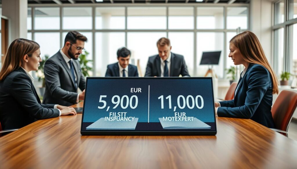 A professional setting depicting the process of damage appraisal. In the foreground, a diverse group of two business professionals, a male and a female, both in business attire, are intently discussing documents on a wooden conference table. The middle ground features a digital display showing comparative figures of 5,900 EUR and 11,800 EUR, illustrating the contrasting evaluations by an insurance company and MOTOEXPERT. The background shows a neatly organized office environment with large windows allowing natural light to flood the room, creating a bright and focused atmosphere. The shot is taken from a slight angle, giving depth and emphasizing the engagement of the subjects in the appraisal process, conveying a sense of professionalism and diligence. A professional setting depicting the process of damage appraisal. In the foreground, a diverse group of two business professionals, a male and a female, both in business attire, are intently discussing documents on a wooden conference table. The middle ground features a digital display showing comparative figures of 5,900 EUR and 11,800 EUR, illustrating the contrasting evaluations by an insurance company and MOTOEXPERT. The background shows a neatly organized office environment with large windows allowing natural light to flood the room, creating a bright and focused atmosphere. The shot is taken from a slight angle, giving depth and emphasizing the engagement of the subjects in the appraisal process, conveying a sense of professionalism and diligence.
