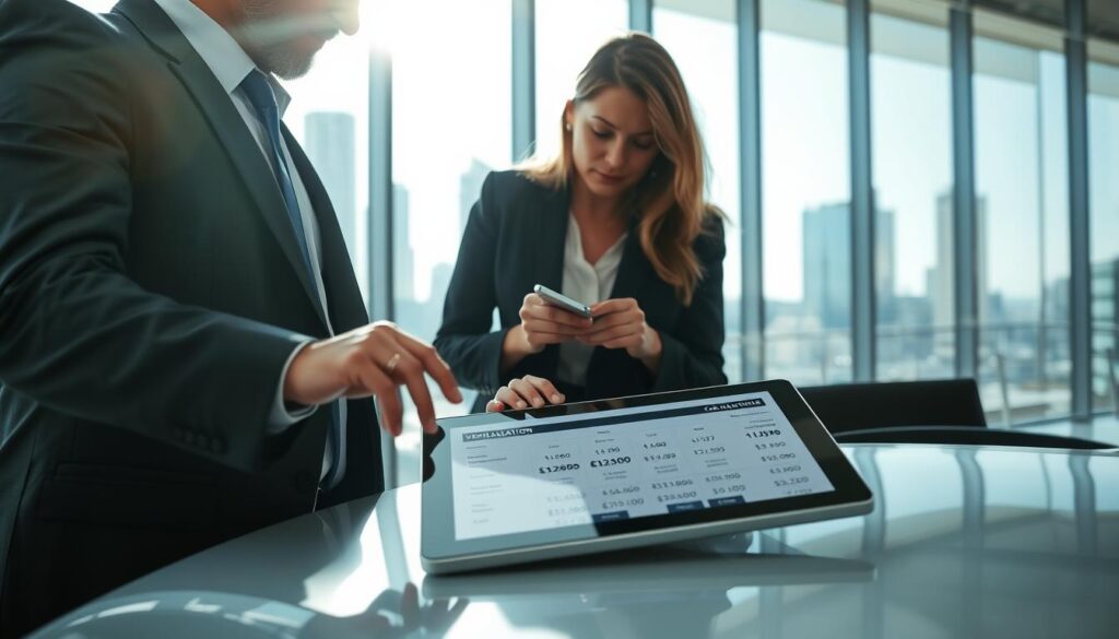 A professional setting depicting the vehicle appraisal process, featuring two individuals engaged in discussion over a digital tablet displaying car valuation figures. In the foreground, a man in business attire gestures towards the screen, while a woman in professional clothing analyzes data. The middle ground shows a sleek, modern office environment with a large window revealing a cityscape. In the background, bright, natural light floods the room, creating an atmosphere of focus and expertise. The image should convey a sense of professionalism and clarity, emphasizing the importance of vehicle valuation decisions, with reflections of the city skyline visible on the glass. Capture this scene from a slightly elevated angle to enhance depth and perspective. A professional setting depicting the vehicle appraisal process, featuring two individuals engaged in discussion over a digital tablet displaying car valuation figures. In the foreground, a man in business attire gestures towards the screen, while a woman in professional clothing analyzes data. The middle ground shows a sleek, modern office environment with a large window revealing a cityscape. In the background, bright, natural light floods the room, creating an atmosphere of focus and expertise. The image should convey a sense of professionalism and clarity, emphasizing the importance of vehicle valuation decisions, with reflections of the city skyline visible on the glass. Capture this scene from a slightly elevated angle to enhance depth and perspective.