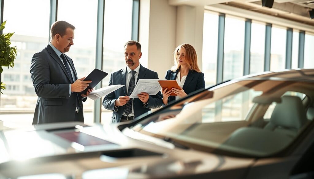 A professional setting featuring a male and female vehicle appraisal expert from MOTOEXPERT discussing a car's value. The foreground shows them analyzing vehicle specifications with detailed charts and digital tablets. The middle ground includes a sleek car, emphasizing its luxury features and condition, while the background depicts an office environment with large windows allowing natural light to flow in, casting soft shadows. The lighting is bright yet warm, creating an inviting atmosphere. The experts wear tailored business attire, exuding professionalism and confidence as they share their insights. Capture the intense focus and collaboration, highlighting the contrast between the lower insurance appraisal and MOTOEXPERT's higher valuation. Use a medium focal length for clarity and depth.