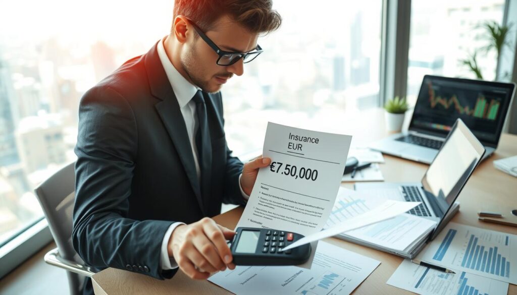 A professional setting showcasing an insurance evaluation scenario, emphasizing a comparison between two insurance estimates. In the foreground, a business professional in formal attire, focused and analyzing two documents labeled "7,500 EUR" and "15,000 EUR" with a calculator. In the middle ground, a modern office desk cluttered with insurance forms, charts, and a laptop displaying market trends. The background reveals a bright window with a city skyline, hinting at regulatory influences. Soft, natural lighting filters in, creating a professional yet inviting atmosphere. The composition captures the intensity of decision-making in an insurance context while reflecting the theme of local regulations impacting valuations.